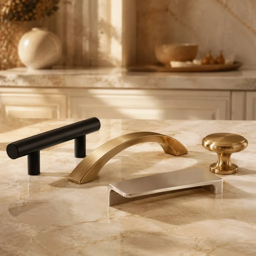انواع دستگیره کابینت مشکی، طلایی و دکمه‌ای