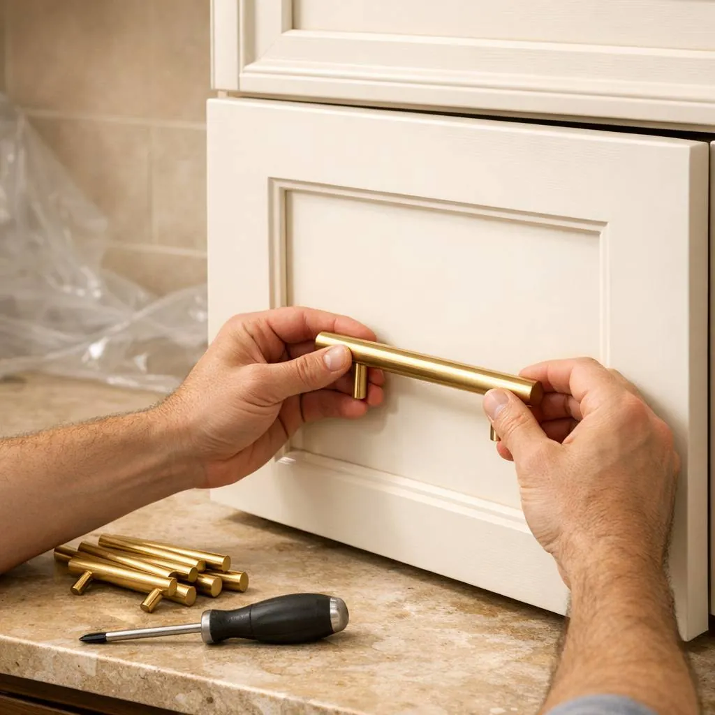 نصب دستگیره طلایی روی کابینت برای تغییر دکوراسیون آشپزخانه