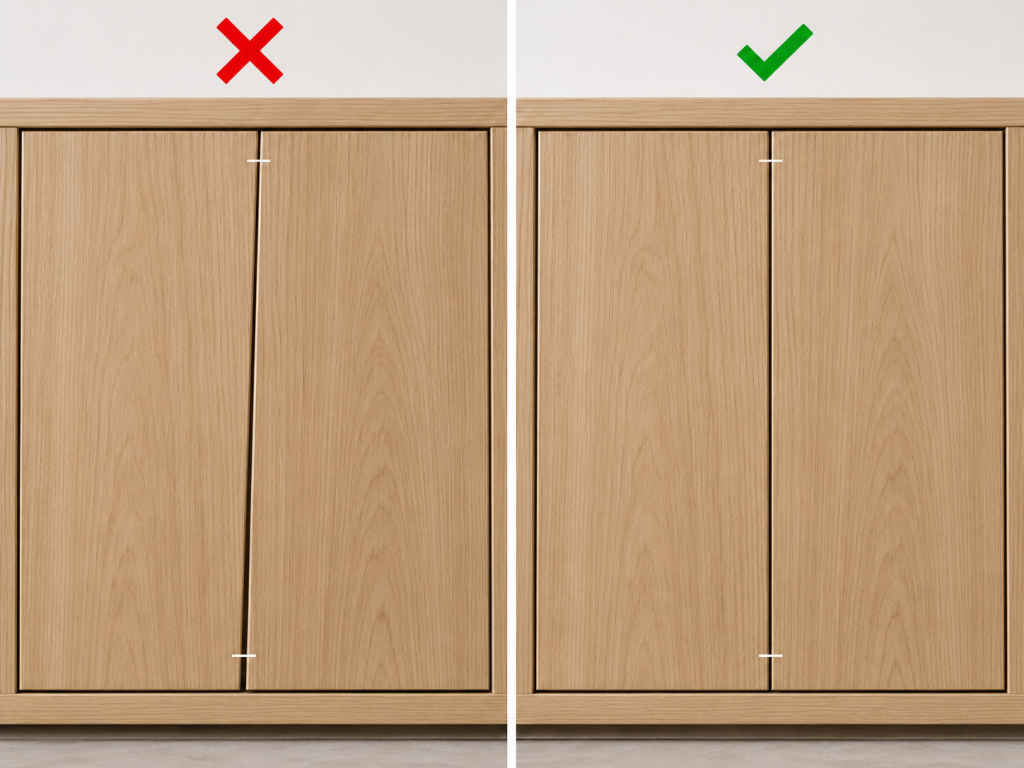 مقایسه فاصله نامساوی و یکنواخت میان دو در کابینت پس از تنظیم لولا